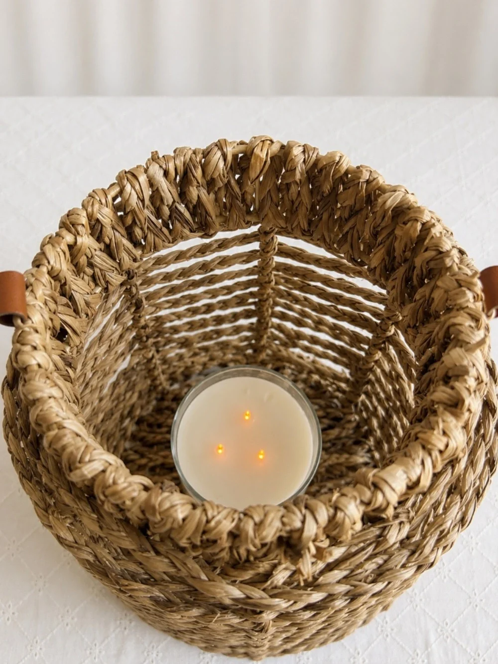 Set of 2 Woven Hanging Candle Lanterns with Leather Handles
